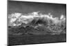 Black and white of South Georgia Island. Opening in clouds and Virga reveal the landscape.-Howie Garber-Mounted Photographic Print