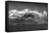 Black and white of South Georgia Island. Opening in clouds and Virga reveal the landscape.-Howie Garber-Framed Stretched Canvas