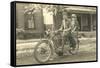 Black and White Photo of Couple on Motorcycle-null-Framed Stretched Canvas