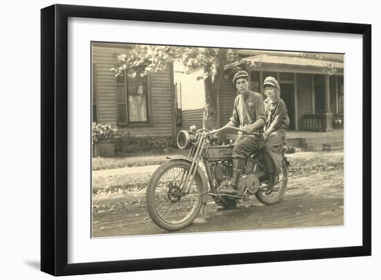 Black and White Photo of Couple on Motorcycle-null-Framed Art Print