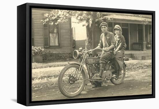 Black and White Photo of Couple on Motorcycle-null-Framed Stretched Canvas