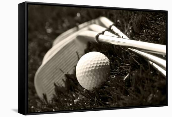 Black And White Photo Of Golf Clubs And A Golf Ball In Low Light For Contrast-tish1-Framed Stretched Canvas
