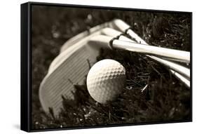 Black And White Photo Of Golf Clubs And A Golf Ball In Low Light For Contrast-tish1-Framed Stretched Canvas