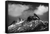 Black and White Photo of Majestic Mountainous Landscape, Dramatic Cloudy Sky, Beautiful Panorama, E-Anna Omelchenko-Framed Stretched Canvas