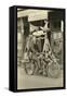 Black and White Photo of Man Dressed as Indian on Motorcycle-null-Framed Stretched Canvas