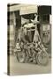 Black and White Photo of Man Dressed as Indian on Motorcycle-null-Stretched Canvas