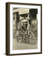 Black and White Photo of Man Dressed as Indian on Motorcycle-null-Framed Art Print