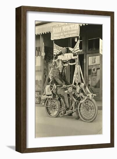 Black and White Photo of Man Dressed as Indian on Motorcycle-null-Framed Art Print