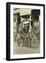 Black and White Photo of Man Dressed as Indian on Motorcycle-null-Framed Art Print