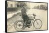 Black and White Photo of Man on Vintage Motorcycle-null-Framed Stretched Canvas