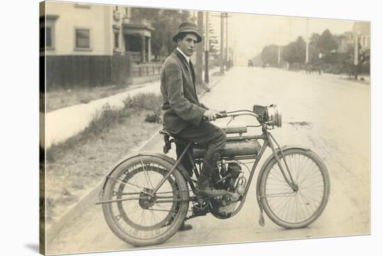 Black and White Photo of Man on Vintage Motorcycle-null-Stretched Canvas