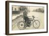 Black and White Photo of Man on Vintage Motorcycle-null-Framed Art Print