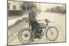 Black and White Photo of Man on Vintage Motorcycle-null-Mounted Art Print