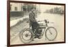 Black and White Photo of Man on Vintage Motorcycle-null-Framed Art Print