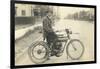 Black and White Photo of Man on Vintage Motorcycle-null-Framed Art Print