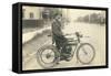 Black and White Photo of Man on Vintage Motorcycle-null-Framed Stretched Canvas