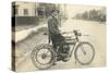 Black and White Photo of Man on Vintage Motorcycle-null-Stretched Canvas