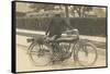 Black and White Photo of Man with Motorcycle-null-Framed Stretched Canvas