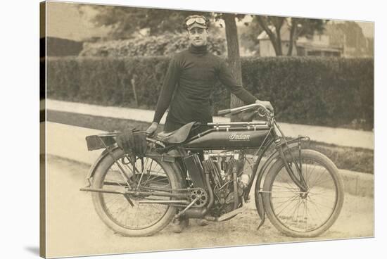 Black and White Photo of Man with Motorcycle-null-Stretched Canvas