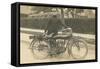 Black and White Photo of Man with Motorcycle-null-Framed Stretched Canvas