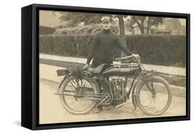Black and White Photo of Man with Motorcycle-null-Framed Stretched Canvas