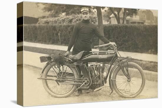 Black and White Photo of Man with Motorcycle-null-Stretched Canvas