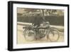 Black and White Photo of Man with Motorcycle-null-Framed Art Print