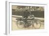 Black and White Photo of Man with Motorcycle-null-Framed Art Print