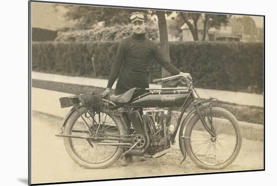 Black and White Photo of Man with Motorcycle-null-Mounted Art Print