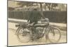 Black and White Photo of Man with Motorcycle-null-Mounted Art Print