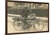 Black and White Photo of Man with Motorcycle-null-Framed Art Print