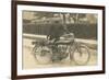 Black and White Photo of Man with Motorcycle-null-Framed Premium Giclee Print