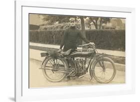 Black and White Photo of Man with Motorcycle-null-Framed Art Print