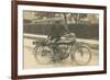 Black and White Photo of Man with Motorcycle-null-Framed Art Print