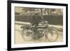 Black and White Photo of Man with Motorcycle-null-Framed Art Print