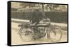 Black and White Photo of Man with Motorcycle-null-Framed Stretched Canvas