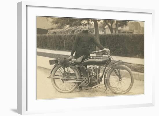 Black and White Photo of Man with Motorcycle-null-Framed Art Print