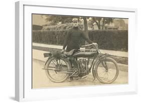 Black and White Photo of Man with Motorcycle-null-Framed Art Print