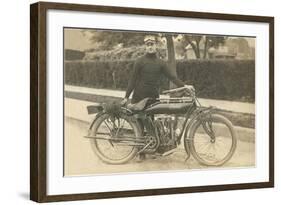 Black and White Photo of Man with Motorcycle-null-Framed Art Print