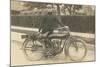 Black and White Photo of Man with Motorcycle-null-Mounted Art Print