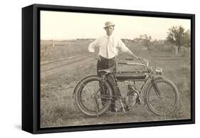 Black and White Photo of Man with Vintage Motorcycle-null-Framed Stretched Canvas