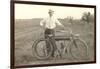 Black and White Photo of Man with Vintage Motorcycle-null-Framed Art Print