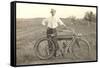 Black and White Photo of Man with Vintage Motorcycle-null-Framed Stretched Canvas