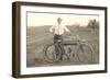 Black and White Photo of Man with Vintage Motorcycle-null-Framed Art Print