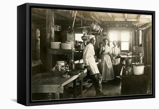 Black and White Photo of Old West Restaurant Kitchen-null-Framed Stretched Canvas