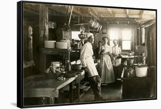 Black and White Photo of Old West Restaurant Kitchen-null-Framed Stretched Canvas