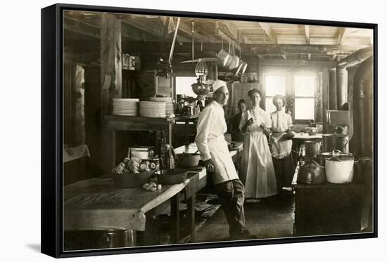 Black and White Photo of Old West Restaurant Kitchen-null-Framed Stretched Canvas