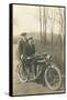 Black and White Photo of Two Men on Motorcycle-null-Framed Stretched Canvas