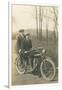 Black and White Photo of Two Men on Motorcycle-null-Framed Art Print