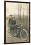 Black and White Photo of Two Men on Motorcycle-null-Framed Art Print